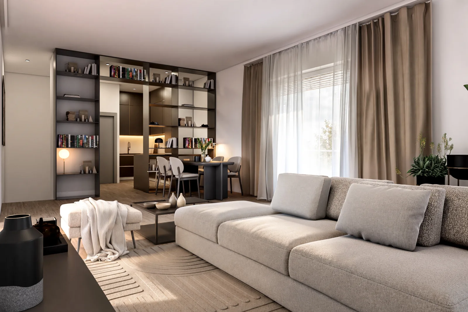 Render del soggiorno dell'attico con la libreria a tutta parete